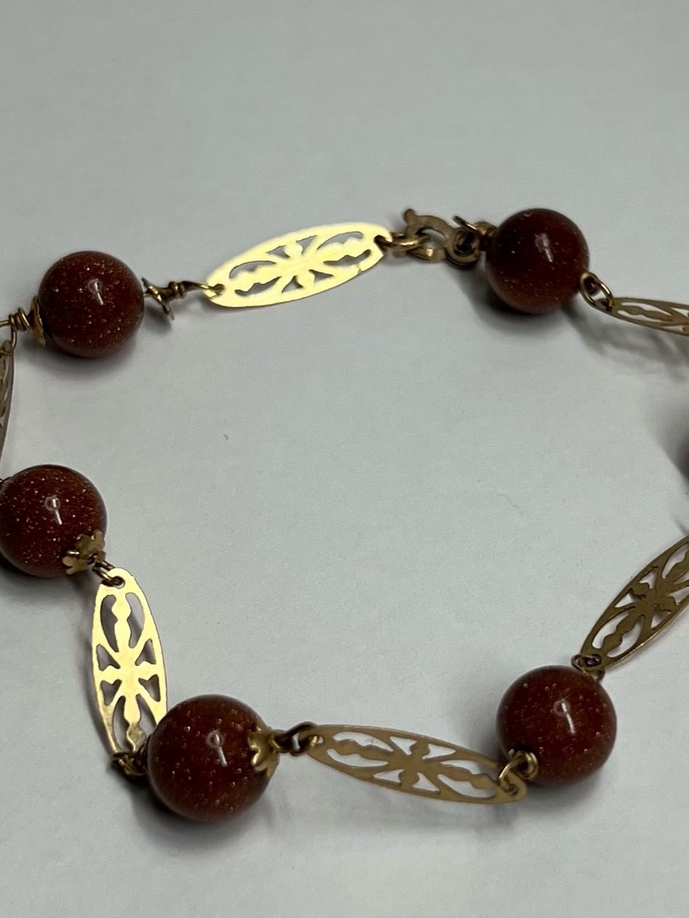 Vintage 14K Gold Brown Goldstone Filigree Station Bracelet Venturina Beads 7.5"